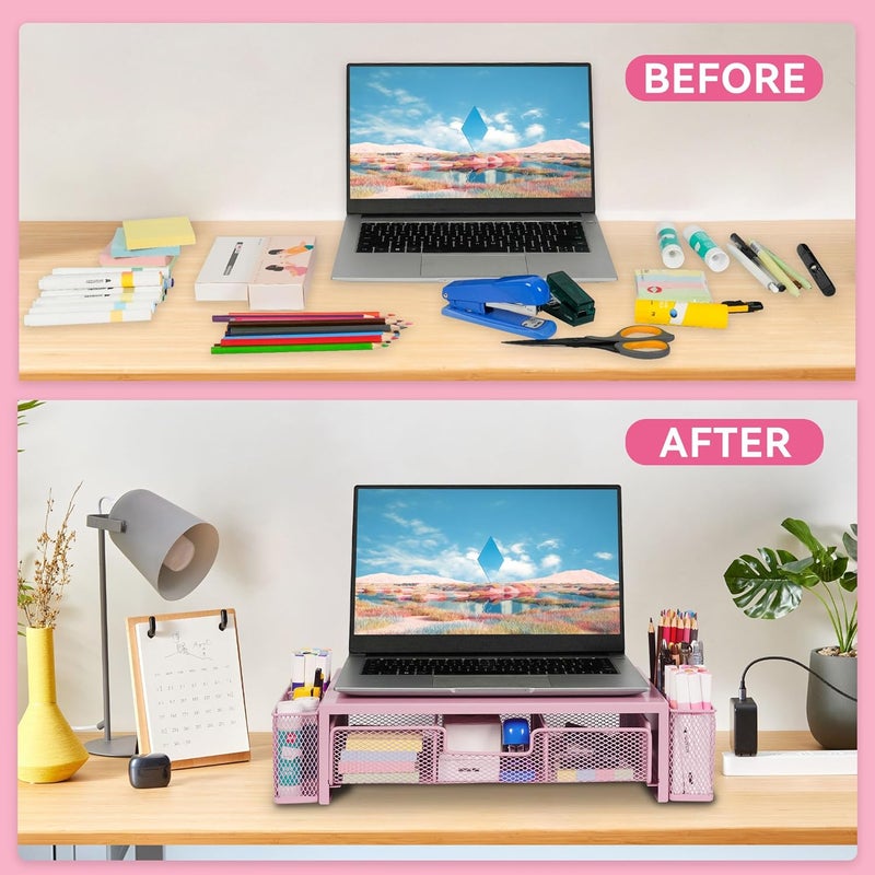 Qupui Computer Monitor Stand Riser with Drawer and Pen Holders, Desk Organizer Shelf and Accessories, Office Desk Accessories, Office Organization, Pink - Image 3